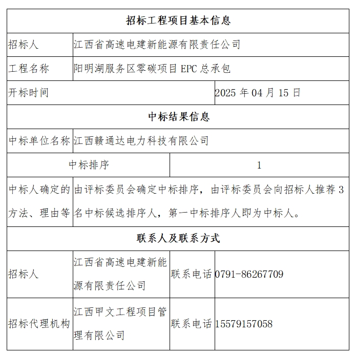 阳明湖服务区零碳项目EPC总承包中标结果公示